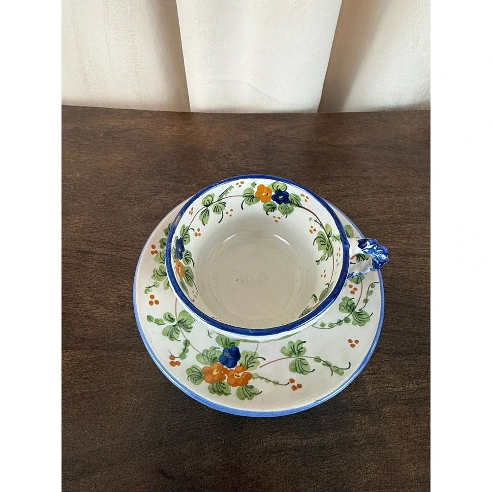 Vintage Majolica Italy Floral Stoneware Teacups and Saucers Set‎ of SIX (6)